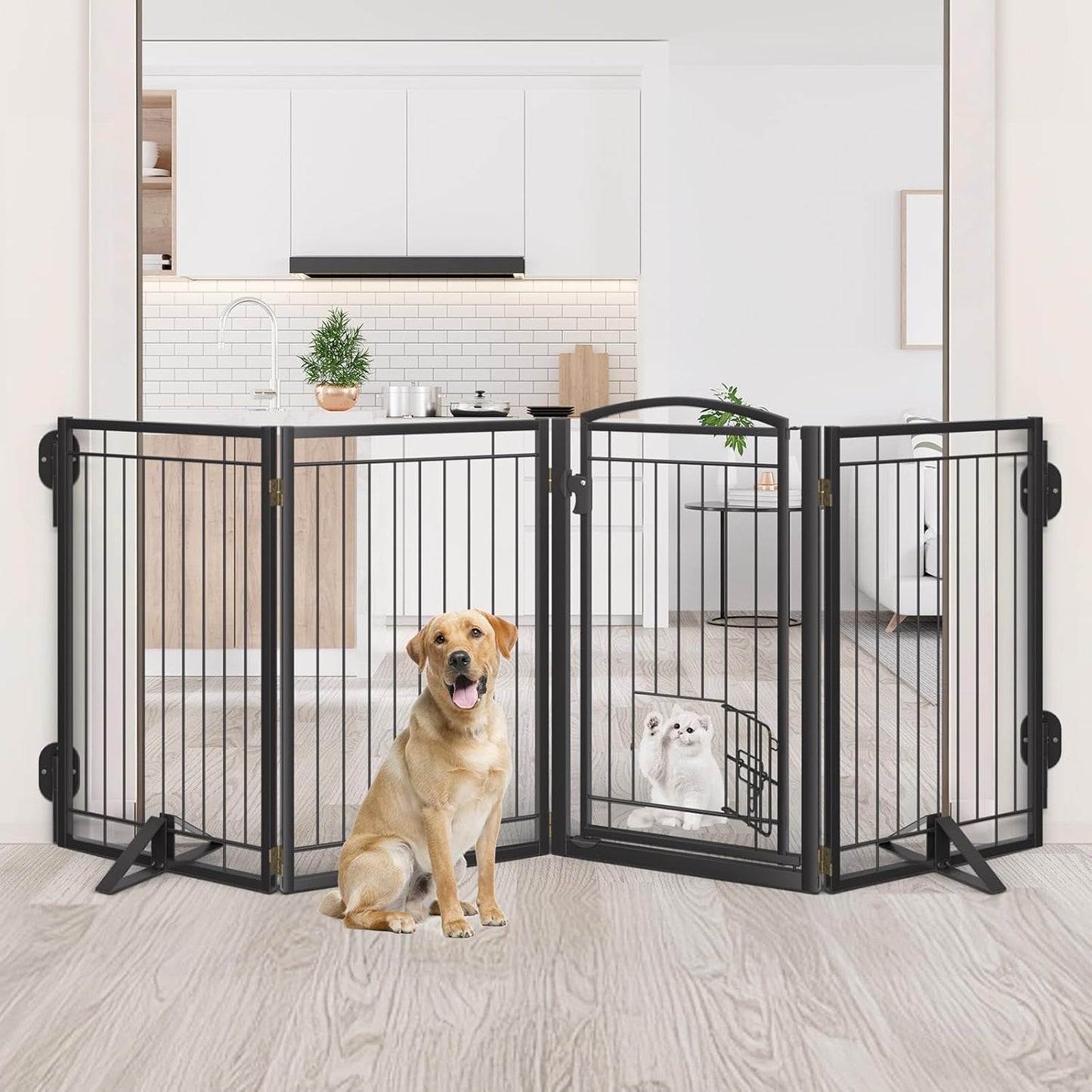 Full Metal Freestanding Dog Gate with Cat Door for Indoor & Outdoor,36" Tall Foldable Dog Fence,80" Extra Wide Free Standing Pet Gate for Large Openings,Stairs,Deck,Yard,Doorways(Black)