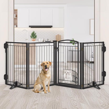 Full Metal Freestanding Dog Gate with Cat Door for Indoor & Outdoor,36" Tall Foldable Dog Fence,80" Extra Wide Free Standing Pet Gate for Large Openings,Stairs,Deck,Yard,Doorways(Black)