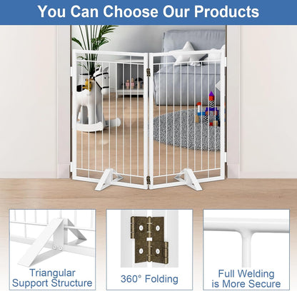 Full Metal Freestanding Dog Gate with Cat Door for Indoor & Outdoor,36" Tall Foldable Dog Fence,80" Extra Wide Free Standing Pet Gate for Large Openings,Stairs,Deck,Yard,Doorways(Black)