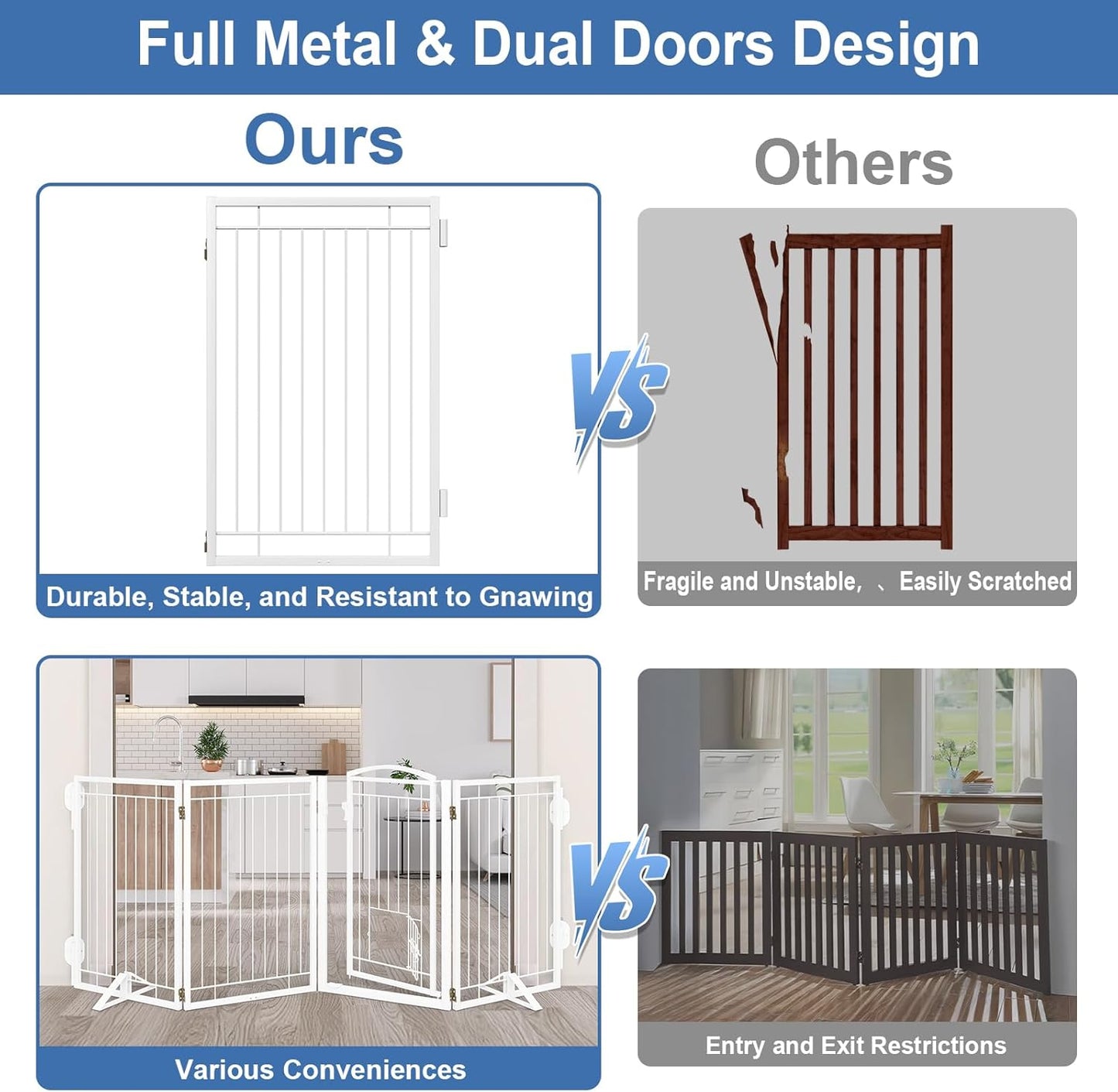 Full Metal Freestanding Dog Gate with Cat Door for Indoor & Outdoor,36" Tall Foldable Dog Fence,80" Extra Wide Free Standing Pet Gate for Large Openings,Stairs,Deck,Yard,Doorways(Black)