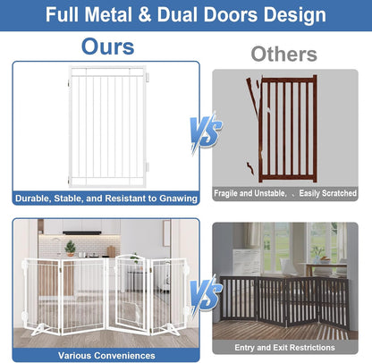 Full Metal Freestanding Dog Gate with Cat Door for Indoor & Outdoor,36" Tall Foldable Dog Fence,80" Extra Wide Free Standing Pet Gate for Large Openings,Stairs,Deck,Yard,Doorways(Black)