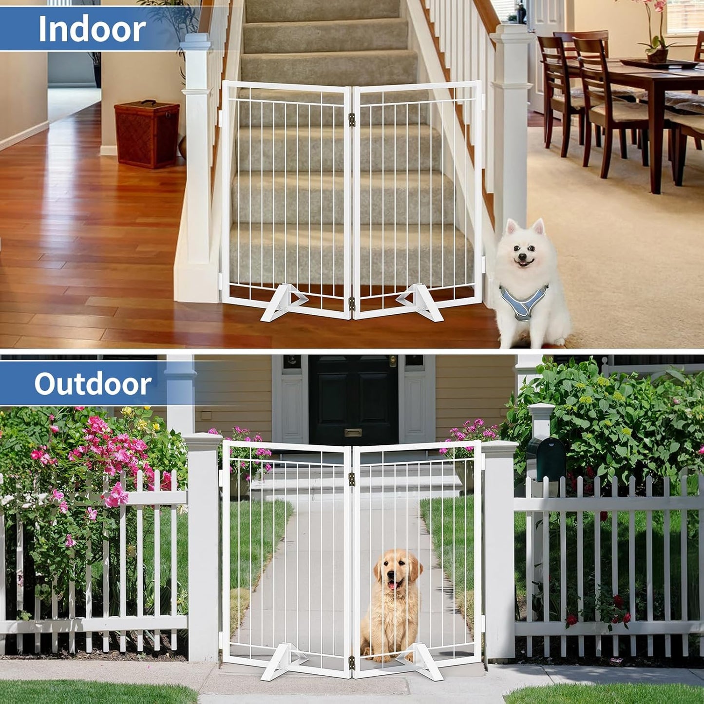 Full Metal Freestanding Dog Gate with Cat Door for Indoor & Outdoor,36" Tall Foldable Dog Fence,80" Extra Wide Free Standing Pet Gate for Large Openings,Stairs,Deck,Yard,Doorways(Black)