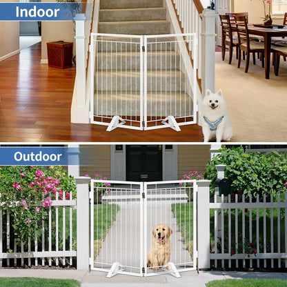 Full Metal Freestanding Dog Gate with Cat Door for Indoor & Outdoor,36" Tall Foldable Dog Fence,80" Extra Wide Free Standing Pet Gate for Large Openings,Stairs,Deck,Yard,Doorways(Black)