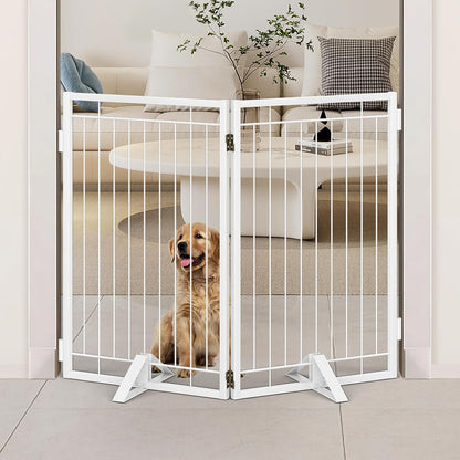 Full Metal Freestanding Dog Gate with Cat Door for Indoor & Outdoor,36" Tall Foldable Dog Fence,80" Extra Wide Free Standing Pet Gate for Large Openings,Stairs,Deck,Yard,Doorways(Black)