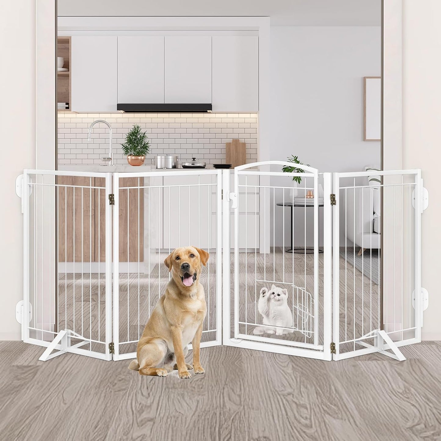 Full Metal Freestanding Dog Gate with Cat Door for Indoor & Outdoor,36" Tall Foldable Dog Fence,80" Extra Wide Free Standing Pet Gate for Large Openings,Stairs,Deck,Yard,Doorways(Black)