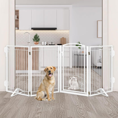 Full Metal Freestanding Dog Gate with Cat Door for Indoor & Outdoor,36" Tall Foldable Dog Fence,80" Extra Wide Free Standing Pet Gate for Large Openings,Stairs,Deck,Yard,Doorways(Black)