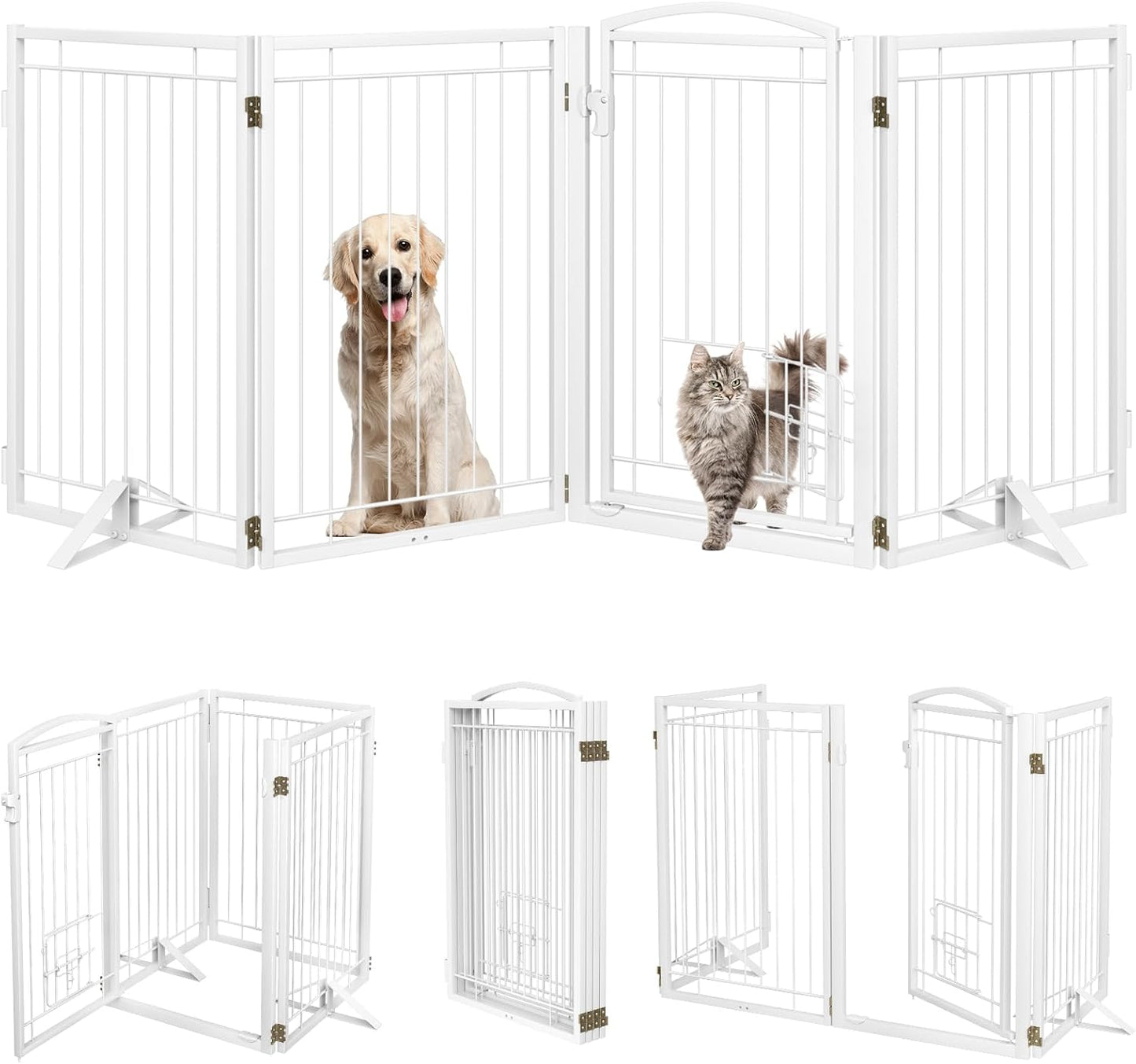 Full Metal Freestanding Dog Gate with Cat Door for Indoor & Outdoor,36" Tall Foldable Dog Fence,80" Extra Wide Free Standing Pet Gate for Large Openings,Stairs,Deck,Yard,Doorways(Black)