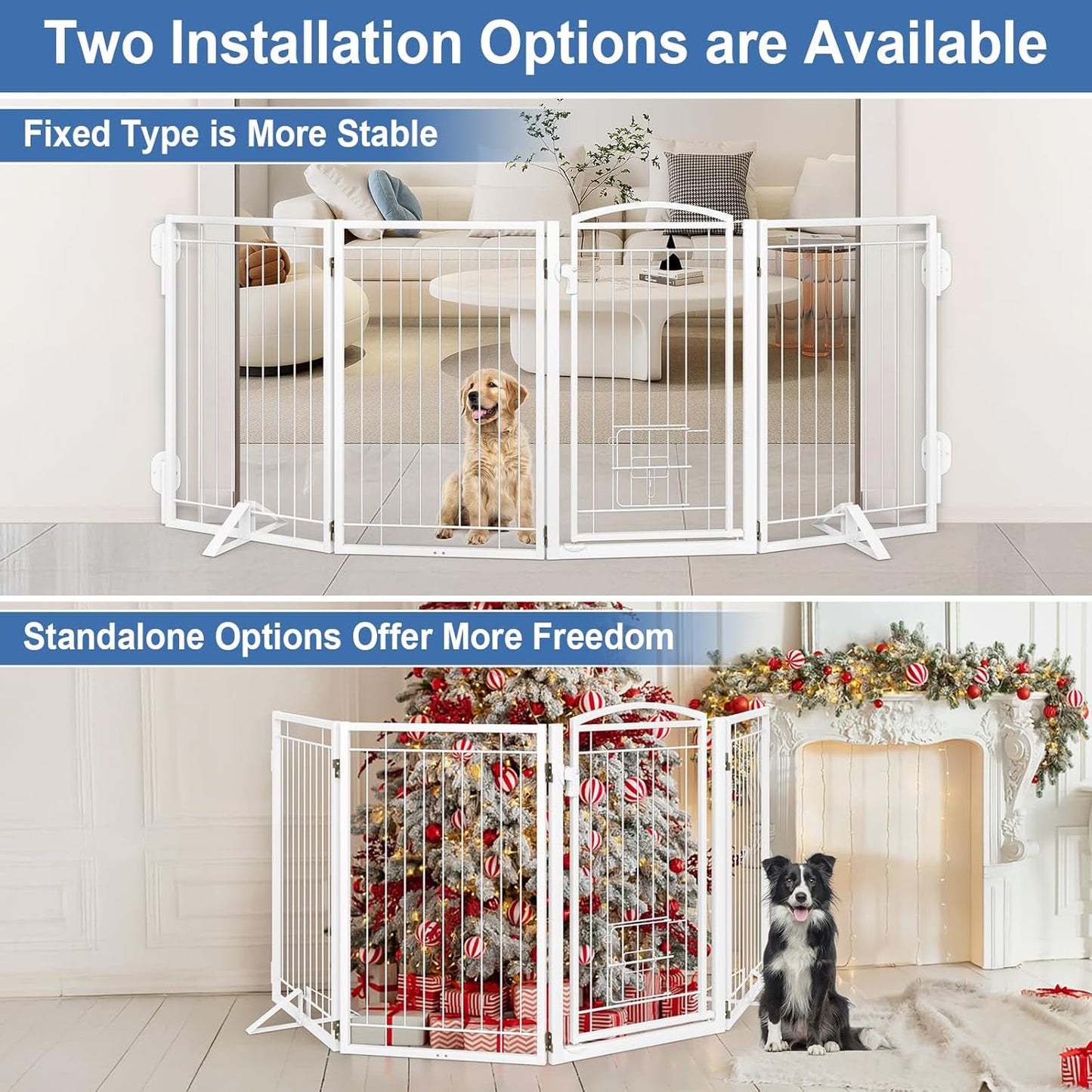 Full Metal Freestanding Dog Gate with Cat Door for Indoor & Outdoor,36" Tall Foldable Dog Fence,80" Extra Wide Free Standing Pet Gate for Large Openings,Stairs,Deck,Yard,Doorways(Black)