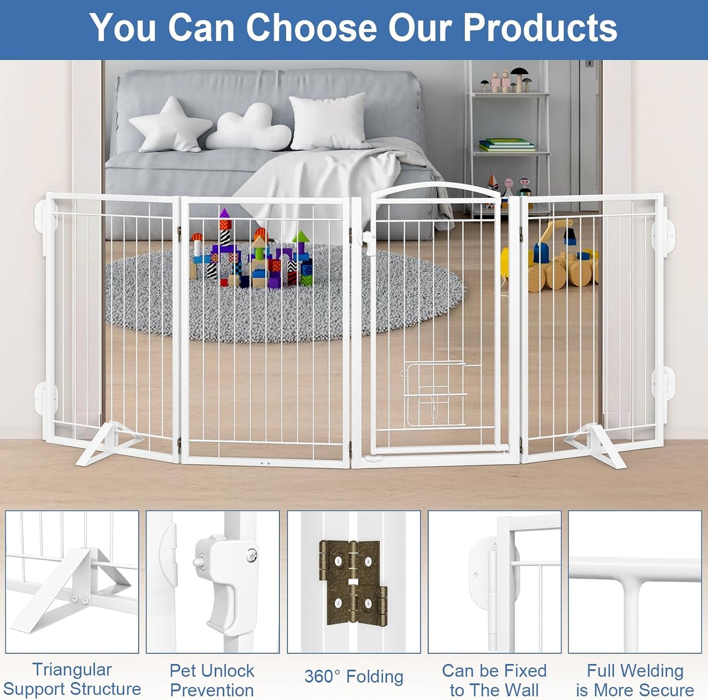 Full Metal Freestanding Dog Gate with Cat Door for Indoor & Outdoor,36" Tall Foldable Dog Fence,80" Extra Wide Free Standing Pet Gate for Large Openings,Stairs,Deck,Yard,Doorways(Black)