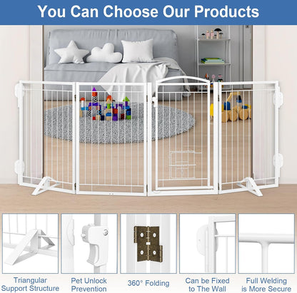 Full Metal Freestanding Dog Gate with Cat Door for Indoor & Outdoor,36" Tall Foldable Dog Fence,80" Extra Wide Free Standing Pet Gate for Large Openings,Stairs,Deck,Yard,Doorways(Black)