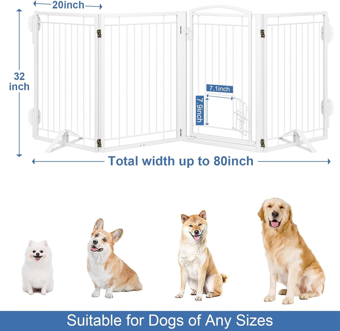 Full Metal Freestanding Dog Gate with Cat Door for Indoor & Outdoor,36" Tall Foldable Dog Fence,80" Extra Wide Free Standing Pet Gate for Large Openings,Stairs,Deck,Yard,Doorways(Black)