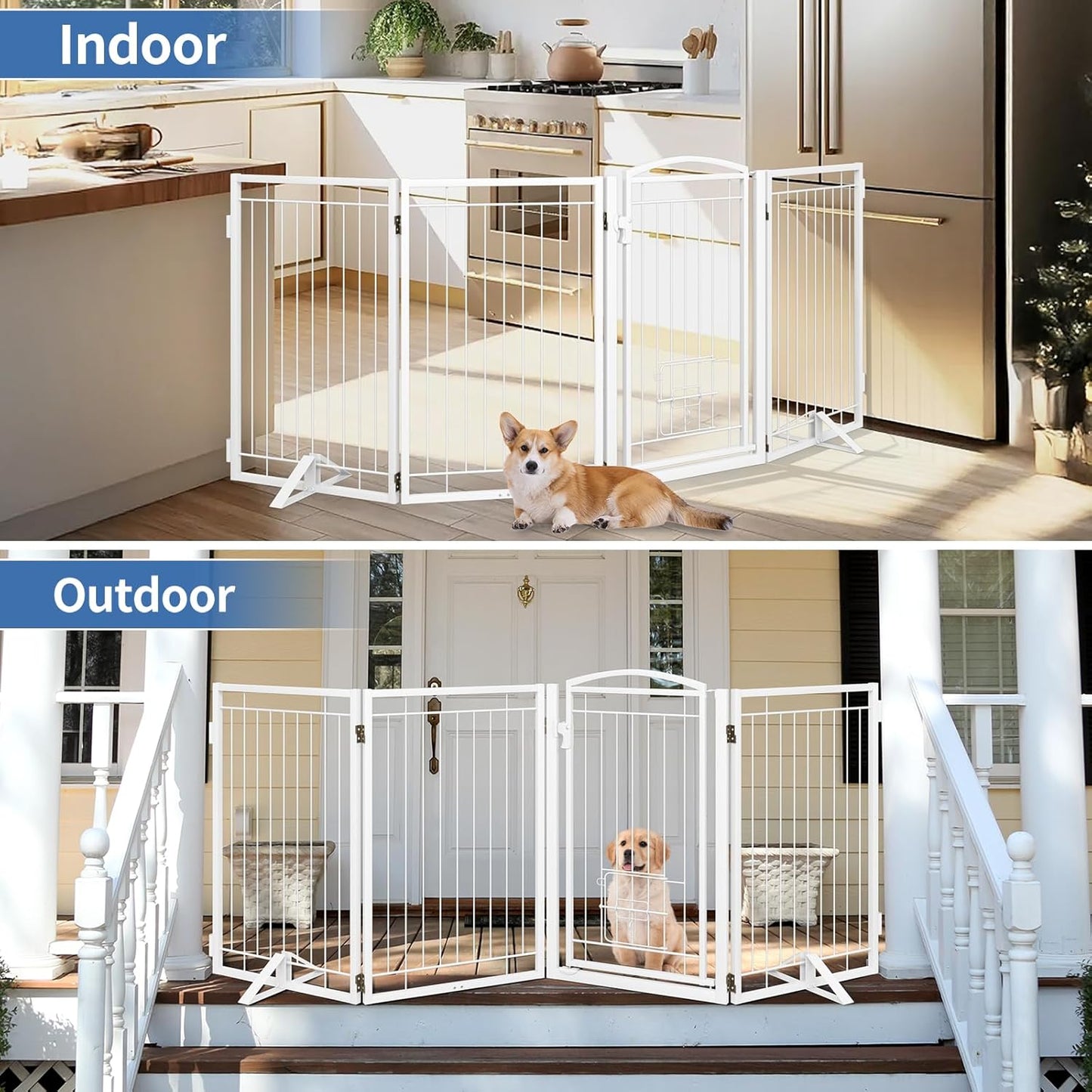 Full Metal Freestanding Dog Gate with Cat Door for Indoor & Outdoor,36" Tall Foldable Dog Fence,80" Extra Wide Free Standing Pet Gate for Large Openings,Stairs,Deck,Yard,Doorways(Black)