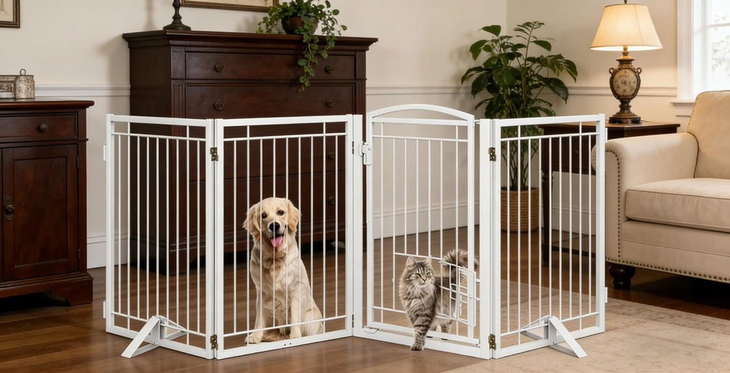 Full Metal Freestanding Dog Gate with Cat Door for Indoor & Outdoor,36" Tall Foldable Dog Fence,80" Extra Wide Free Standing Pet Gate for Large Openings,Stairs,Deck,Yard,Doorways(Black)