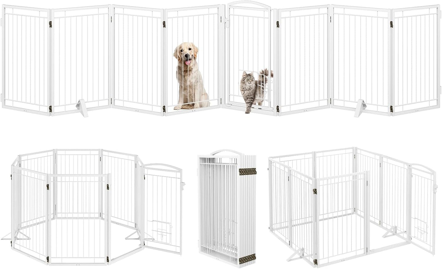 Full Metal Freestanding Dog Gate with Cat Door for Indoor & Outdoor,36" Tall Foldable Dog Fence,80" Extra Wide Free Standing Pet Gate for Large Openings,Stairs,Deck,Yard,Doorways(Black)