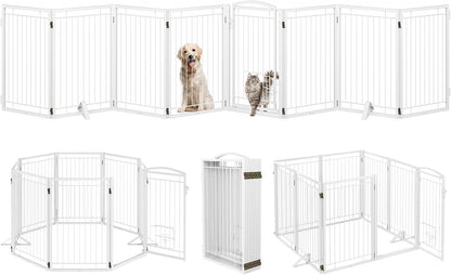 Full Metal Freestanding Dog Gate with Cat Door for Indoor & Outdoor,36" Tall Foldable Dog Fence,80" Extra Wide Free Standing Pet Gate for Large Openings,Stairs,Deck,Yard,Doorways(Black)