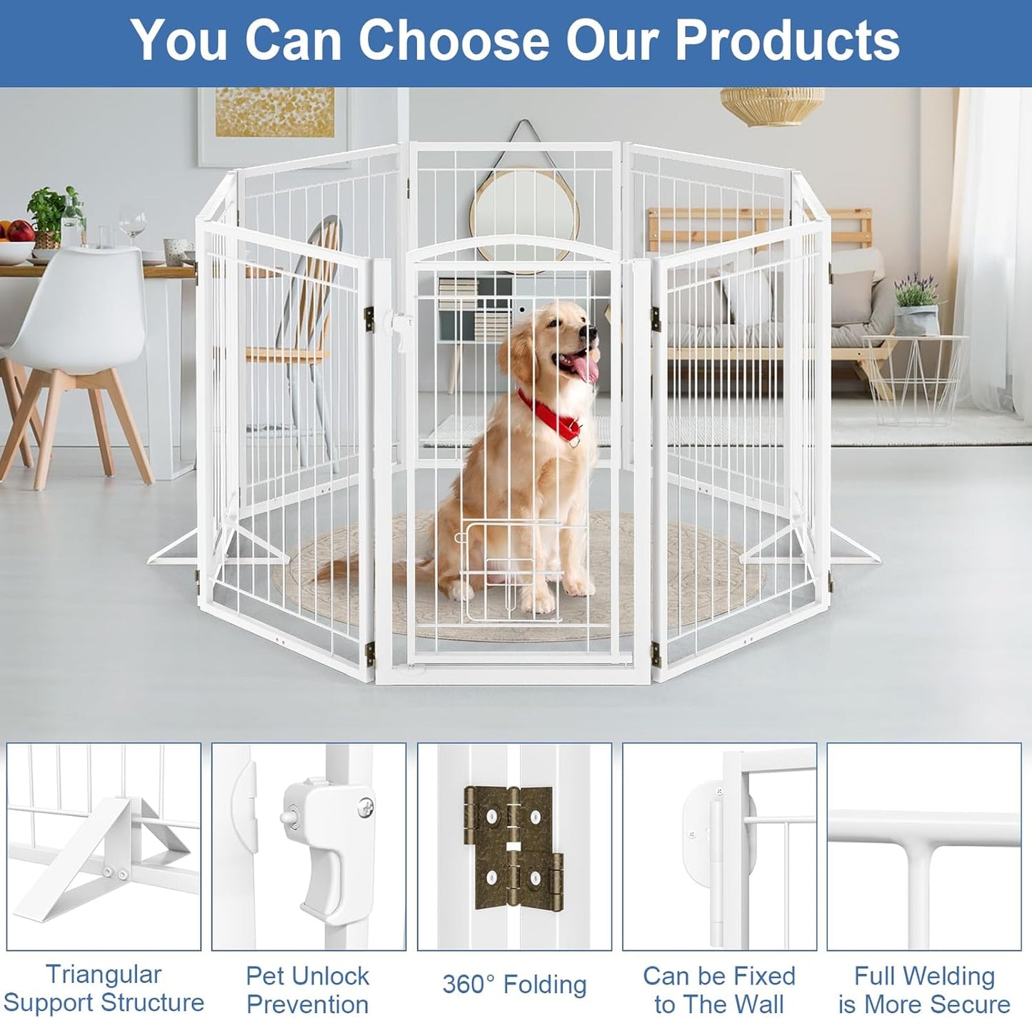 Full Metal Freestanding Dog Gate with Cat Door for Indoor & Outdoor,36" Tall Foldable Dog Fence,80" Extra Wide Free Standing Pet Gate for Large Openings,Stairs,Deck,Yard,Doorways(Black)
