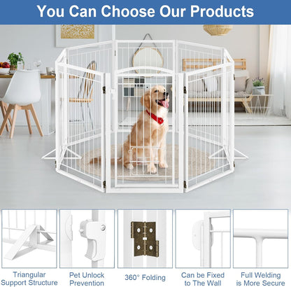 Full Metal Freestanding Dog Gate with Cat Door for Indoor & Outdoor,36" Tall Foldable Dog Fence,80" Extra Wide Free Standing Pet Gate for Large Openings,Stairs,Deck,Yard,Doorways(Black)