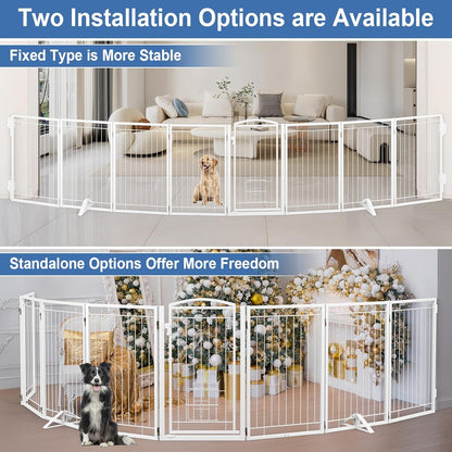 Full Metal Freestanding Dog Gate with Cat Door for Indoor & Outdoor,36" Tall Foldable Dog Fence,80" Extra Wide Free Standing Pet Gate for Large Openings,Stairs,Deck,Yard,Doorways(Black)