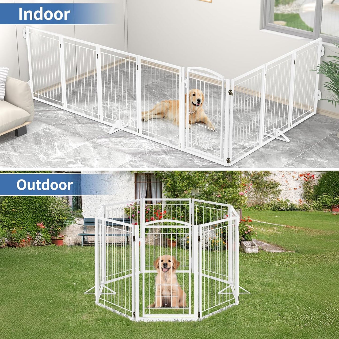 Full Metal Freestanding Dog Gate with Cat Door for Indoor & Outdoor,36" Tall Foldable Dog Fence,80" Extra Wide Free Standing Pet Gate for Large Openings,Stairs,Deck,Yard,Doorways(Black)
