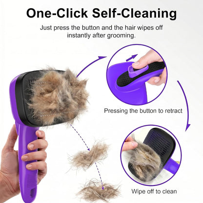 Self Cleaning Slicker Brush for Dog and Cat Shedding | Skin Friendly Deshedding Brush for Short or Long Haired Dogs & Cats, One-Click Retractable for Easy Cleaning Flying Hair
