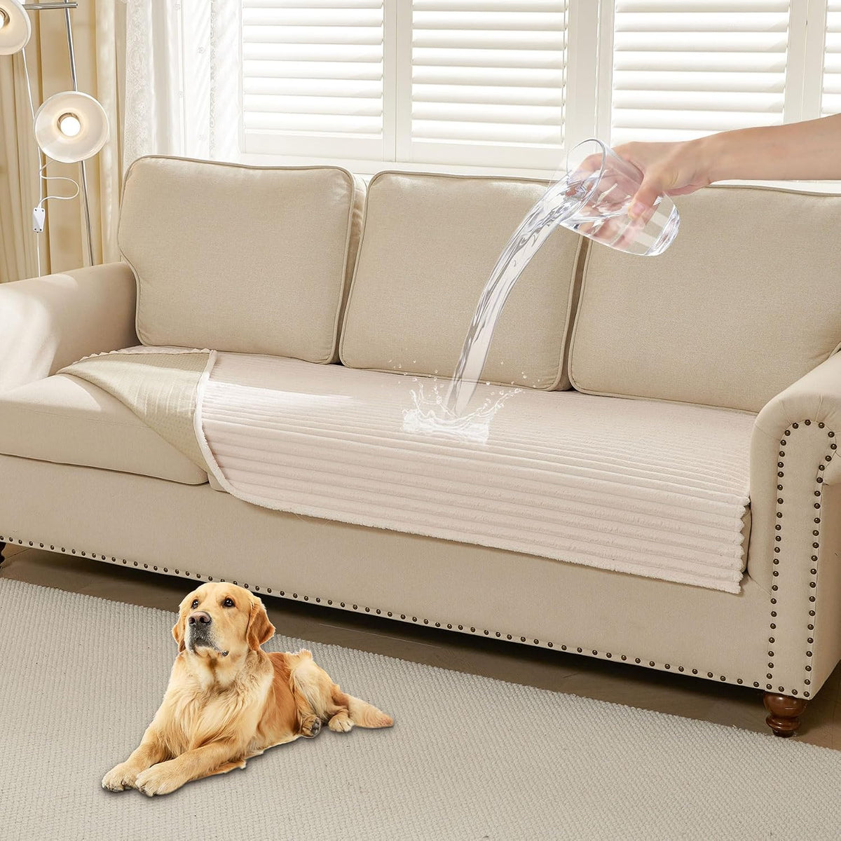 Waterproof Couch Cover for Dogs Washable,Faux Fur Pet Couch Covers for Sofa,Soft Dog Bed Cover Non-Slip Couch Covers for 3 Cushion Couch Sofa Pet Friendly (Off White, 35" x 82")