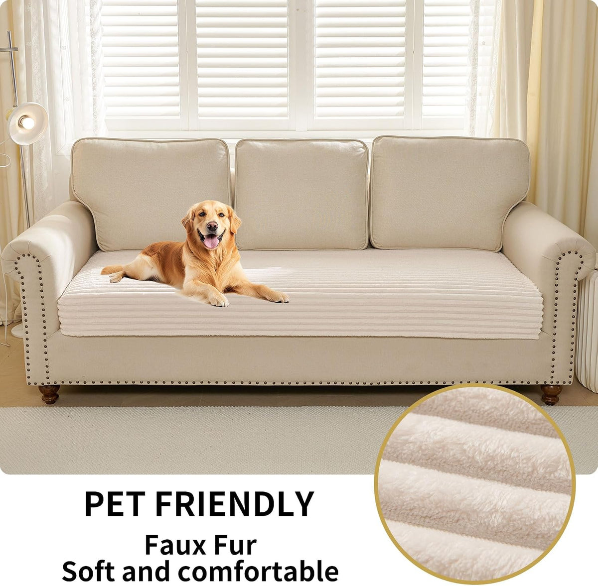 Waterproof Couch Cover for Dogs Washable,Faux Fur Pet Couch Covers for Sofa,Soft Dog Bed Cover Non-Slip Couch Covers for 3 Cushion Couch Sofa Pet Friendly (Off White, 35" x 82")