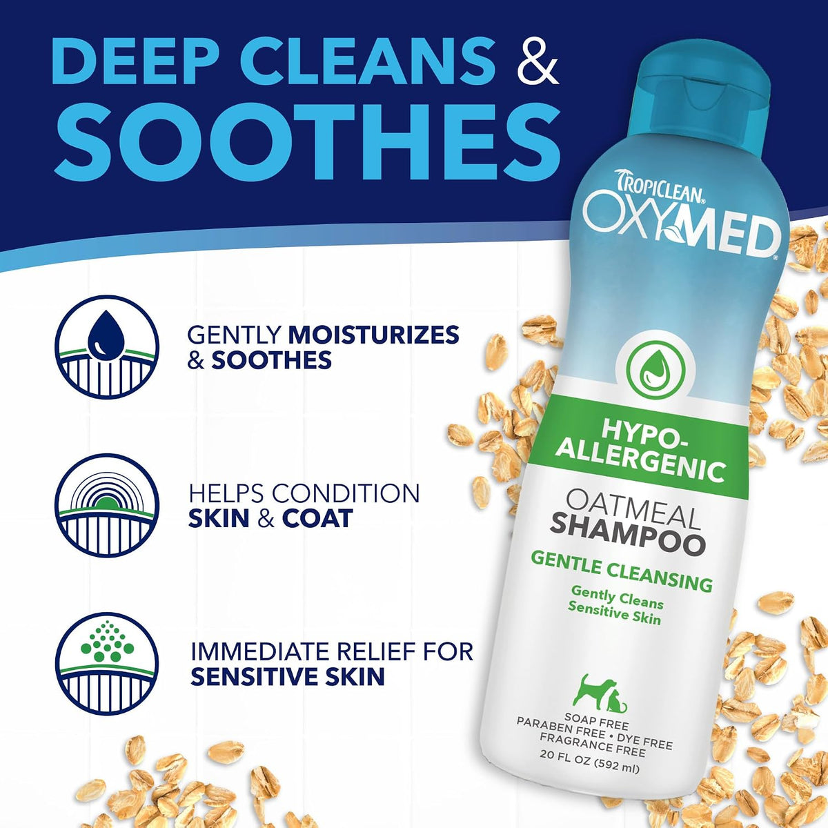 OxyMed Hypoallergenic Dog Shampoo for Allergies and Itching, Skin Soothing Shampoo for Pets with Sensitive Skin, Tearless, Cat Safe, 20oz.