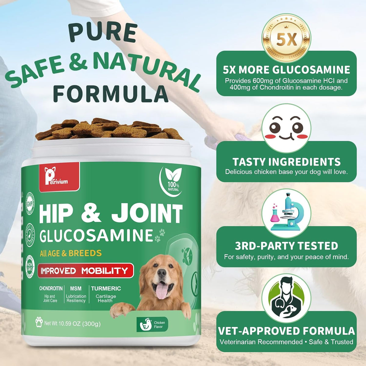 Hip and Joint Supplement for Dogs, Glucosamine Treats Chews with Chondroitin, MSM, Turmeric - Support Joint Pain Relief, Mobility, Reduce Occasional Discomfort, Fit All Ages Breeds, 150 Soft Chew