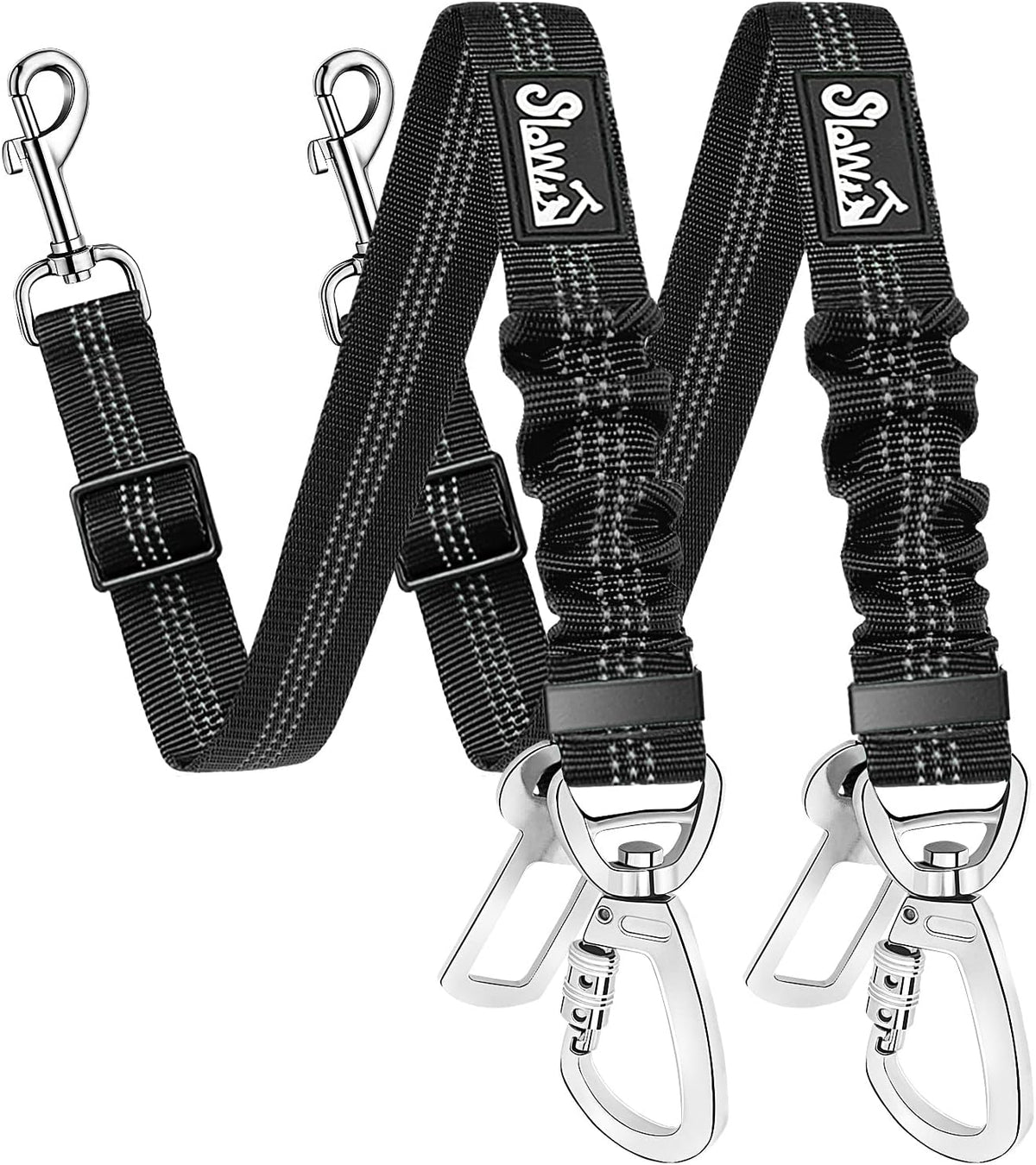 Dog Seatbelt, 2 Pack Adjustable Heavy Duty Dog Safety Seat Belt | Reflective, Durability, Easy of Use, with Elastic Bungee Buffer Metal Hardware, for Travel Riding in Vehicle Daily Use, Black