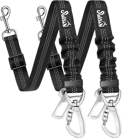 Dog Seatbelt, 2 Pack Adjustable Heavy Duty Dog Safety Seat Belt | Reflective, Durability, Easy of Use, with Elastic Bungee Buffer Metal Hardware, for Travel Riding in Vehicle Daily Use, Black