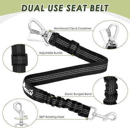 Dog Seatbelt, 2 Pack Adjustable Heavy Duty Dog Safety Seat Belt | Reflective, Durability, Easy of Use, with Elastic Bungee Buffer Metal Hardware, for Travel Riding in Vehicle Daily Use, Black