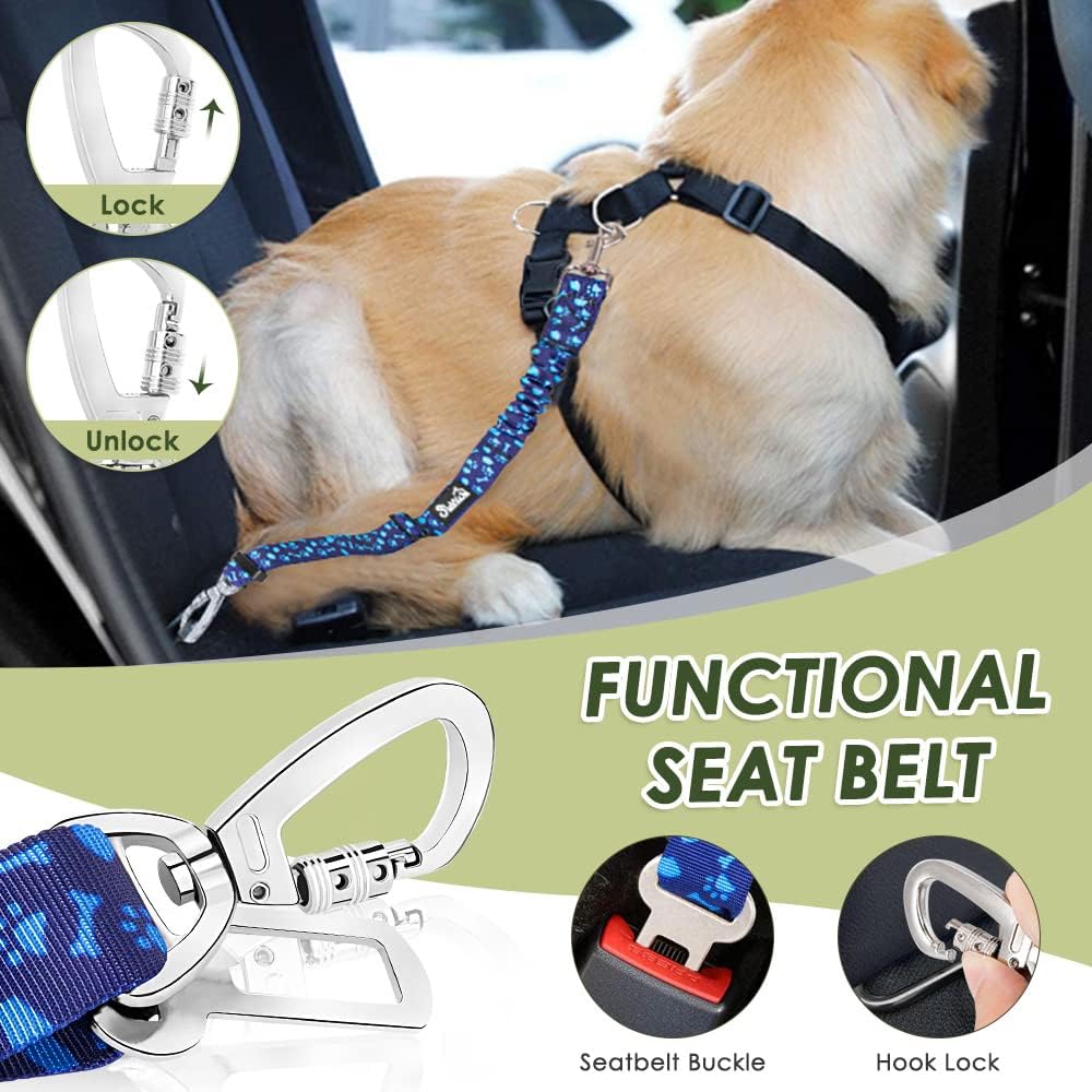 Dog Seatbelt, 2 Pack Adjustable Heavy Duty Dog Safety Seat Belt | Reflective, Durability, Easy of Use, with Elastic Bungee Buffer Metal Hardware, for Travel Riding in Vehicle Daily Use, Black