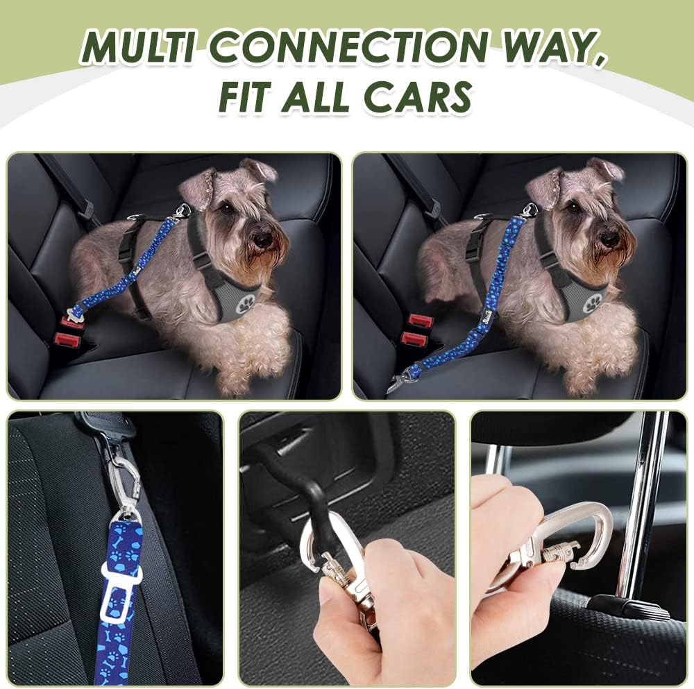 Dog Seatbelt, 2 Pack Adjustable Heavy Duty Dog Safety Seat Belt | Reflective, Durability, Easy of Use, with Elastic Bungee Buffer Metal Hardware, for Travel Riding in Vehicle Daily Use, Black