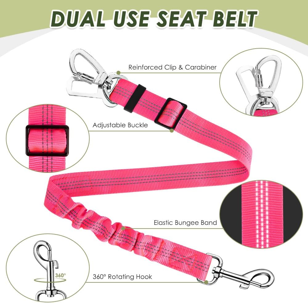 Dog Seatbelt, 2 Pack Adjustable Heavy Duty Dog Safety Seat Belt | Reflective, Durability, Easy of Use, with Elastic Bungee Buffer Metal Hardware, for Travel Riding in Vehicle Daily Use, Black