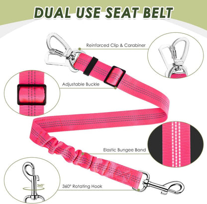 Dog Seatbelt, 2 Pack Adjustable Heavy Duty Dog Safety Seat Belt | Reflective, Durability, Easy of Use, with Elastic Bungee Buffer Metal Hardware, for Travel Riding in Vehicle Daily Use, Black