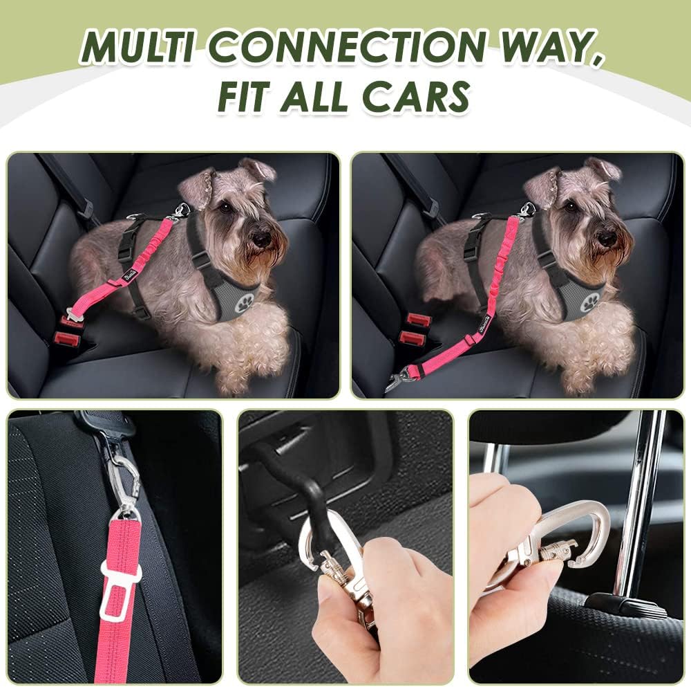Dog Seatbelt, 2 Pack Adjustable Heavy Duty Dog Safety Seat Belt | Reflective, Durability, Easy of Use, with Elastic Bungee Buffer Metal Hardware, for Travel Riding in Vehicle Daily Use, Black