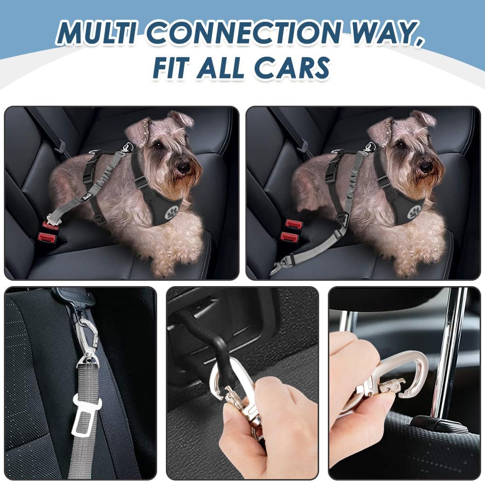 Dog Seatbelt, 2 Pack Adjustable Heavy Duty Dog Safety Seat Belt | Reflective, Durability, Easy of Use, with Elastic Bungee Buffer Metal Hardware, for Travel Riding in Vehicle Daily Use, Black