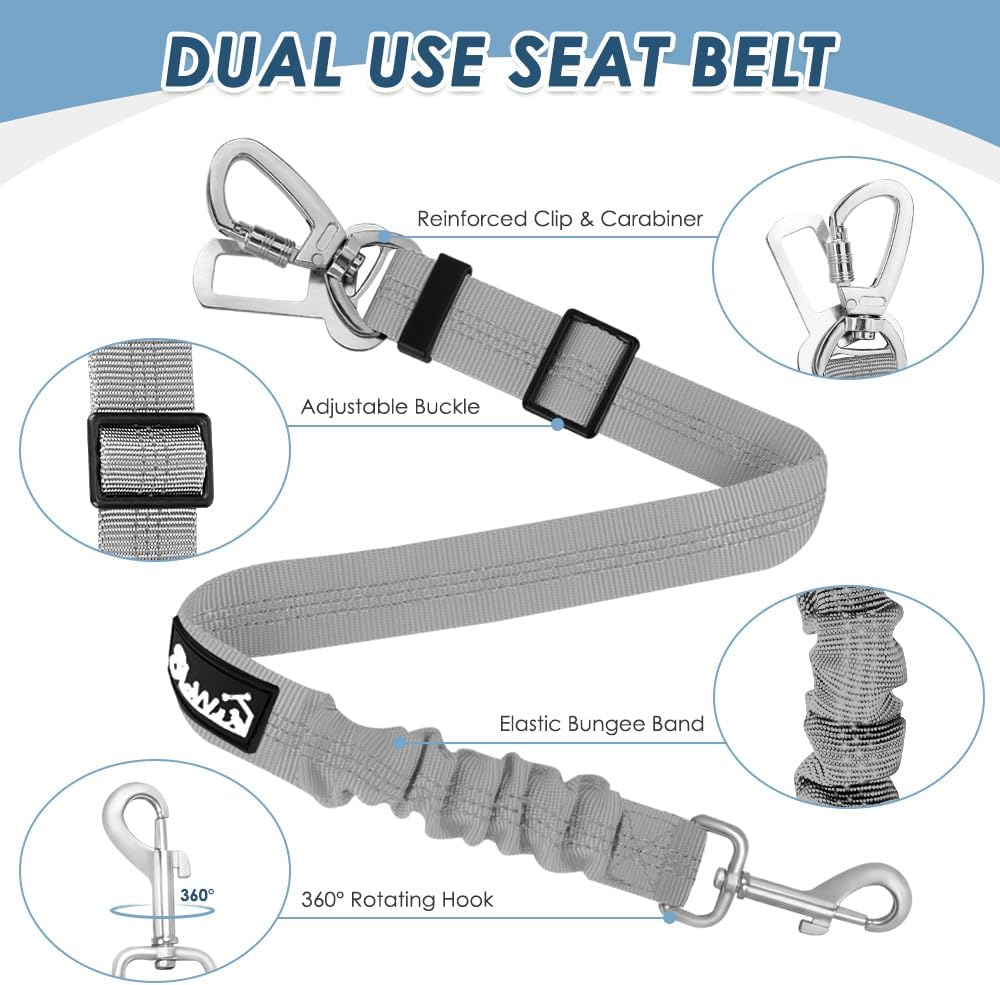 Dog Seatbelt, 2 Pack Adjustable Heavy Duty Dog Safety Seat Belt | Reflective, Durability, Easy of Use, with Elastic Bungee Buffer Metal Hardware, for Travel Riding in Vehicle Daily Use, Black