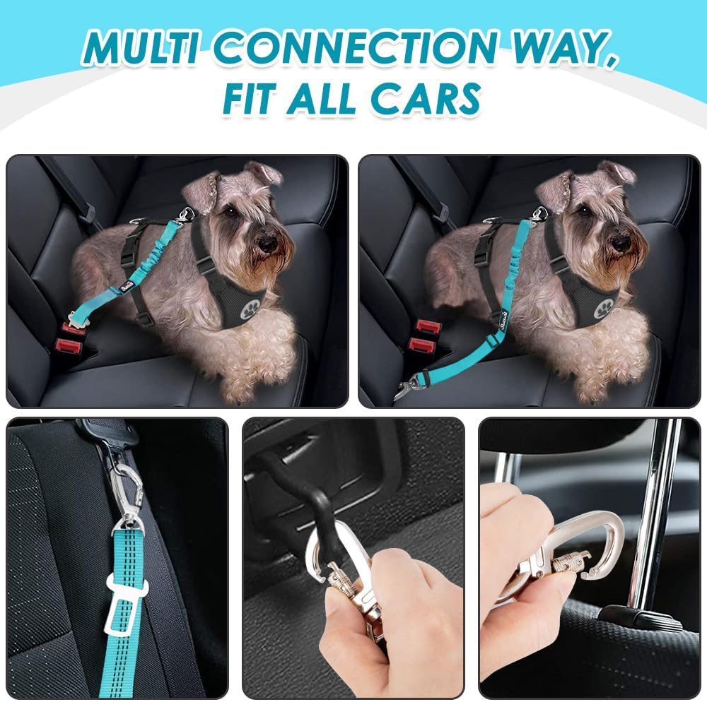 Dog Seatbelt, 2 Pack Adjustable Heavy Duty Dog Safety Seat Belt | Reflective, Durability, Easy of Use, with Elastic Bungee Buffer Metal Hardware, for Travel Riding in Vehicle Daily Use, Black
