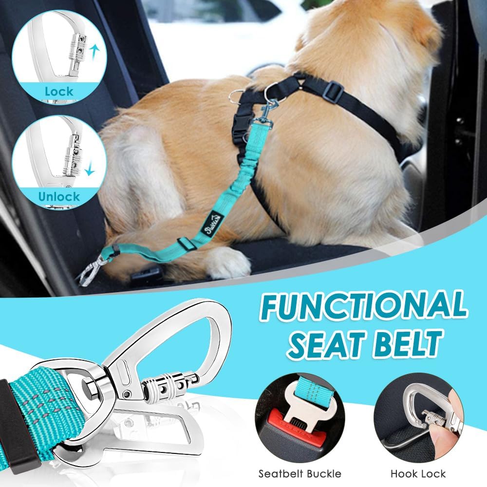 Dog Seatbelt, 2 Pack Adjustable Heavy Duty Dog Safety Seat Belt | Reflective, Durability, Easy of Use, with Elastic Bungee Buffer Metal Hardware, for Travel Riding in Vehicle Daily Use, Black