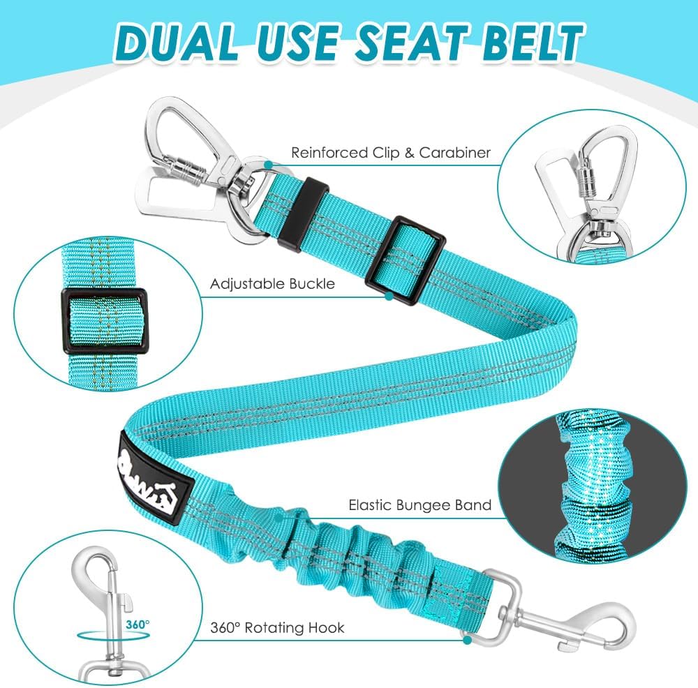 Dog Seatbelt, 2 Pack Adjustable Heavy Duty Dog Safety Seat Belt | Reflective, Durability, Easy of Use, with Elastic Bungee Buffer Metal Hardware, for Travel Riding in Vehicle Daily Use, Black