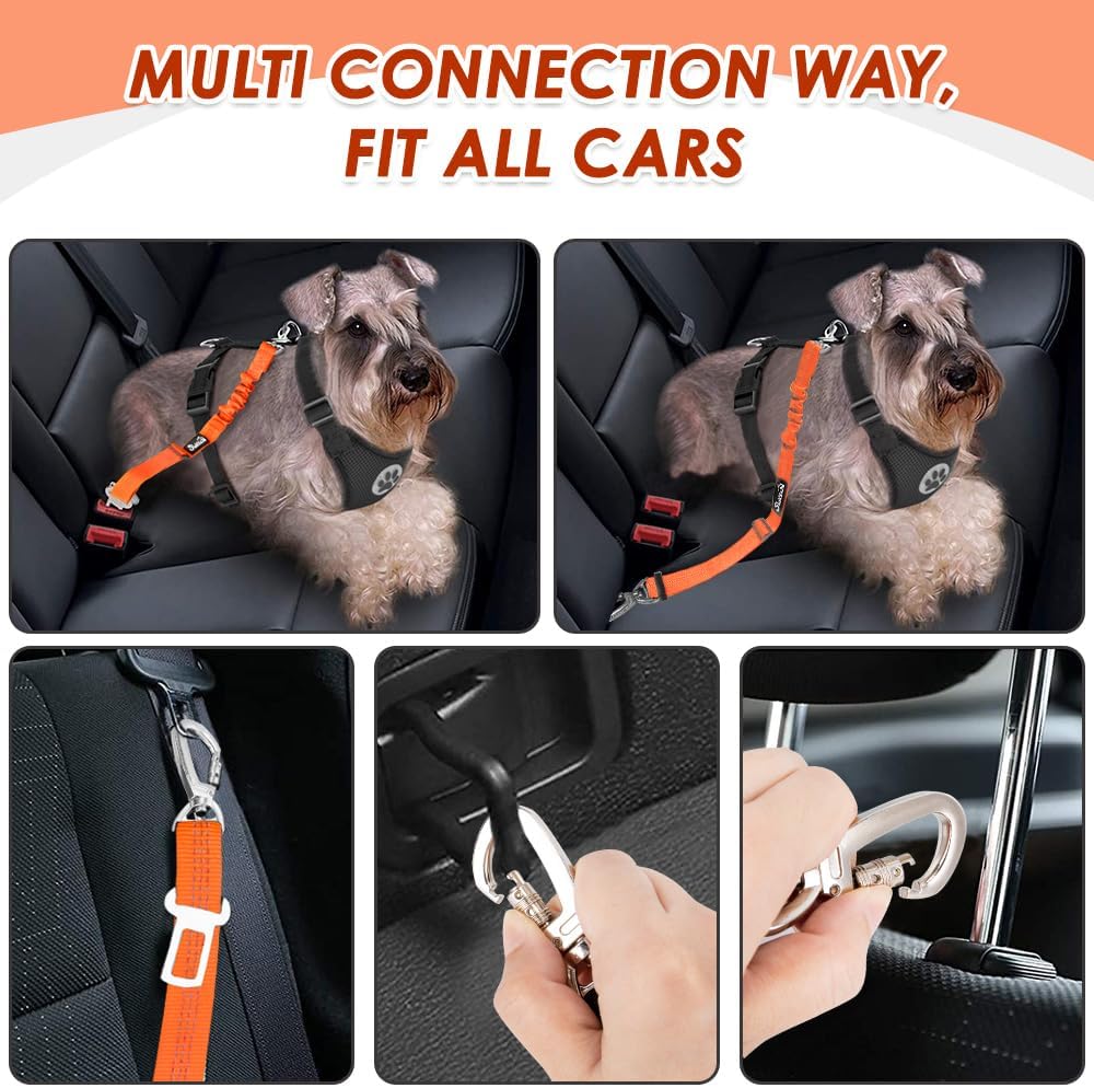Dog Seatbelt, 2 Pack Adjustable Heavy Duty Dog Safety Seat Belt | Reflective, Durability, Easy of Use, with Elastic Bungee Buffer Metal Hardware, for Travel Riding in Vehicle Daily Use, Black