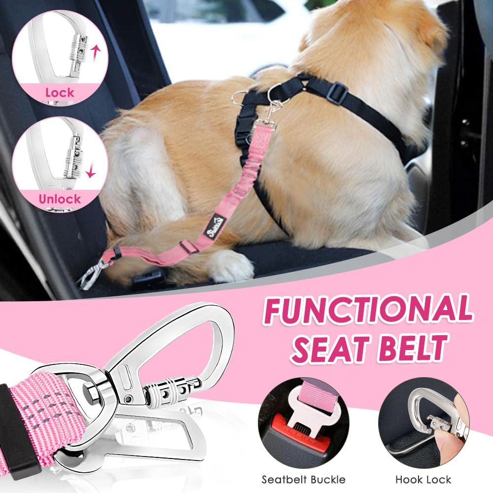 Dog Seatbelt, 2 Pack Adjustable Heavy Duty Dog Safety Seat Belt | Reflective, Durability, Easy of Use, with Elastic Bungee Buffer Metal Hardware, for Travel Riding in Vehicle Daily Use, Black