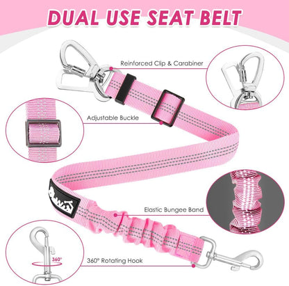 Dog Seatbelt, 2 Pack Adjustable Heavy Duty Dog Safety Seat Belt | Reflective, Durability, Easy of Use, with Elastic Bungee Buffer Metal Hardware, for Travel Riding in Vehicle Daily Use, Black