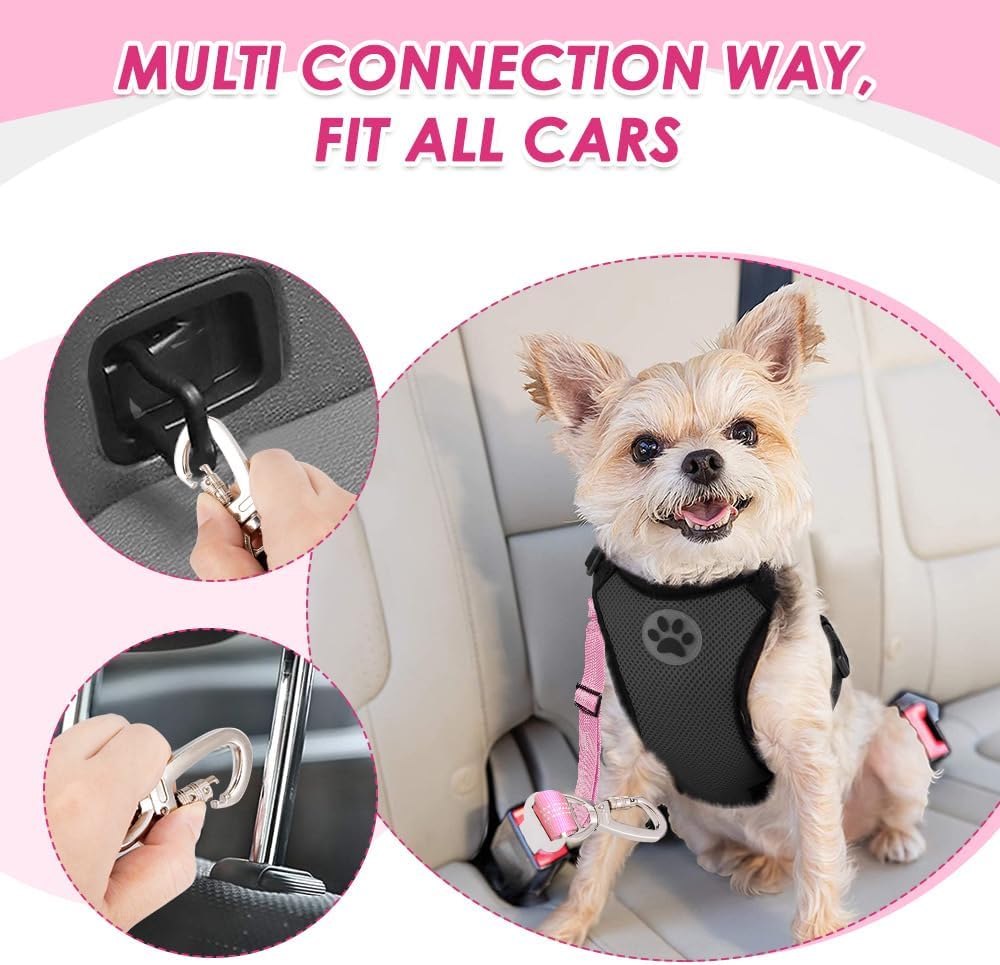 Dog Seatbelt, 2 Pack Adjustable Heavy Duty Dog Safety Seat Belt | Reflective, Durability, Easy of Use, with Elastic Bungee Buffer Metal Hardware, for Travel Riding in Vehicle Daily Use, Black