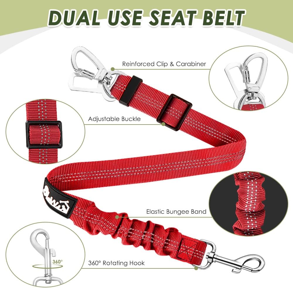 Dog Seatbelt, 2 Pack Adjustable Heavy Duty Dog Safety Seat Belt | Reflective, Durability, Easy of Use, with Elastic Bungee Buffer Metal Hardware, for Travel Riding in Vehicle Daily Use, Black
