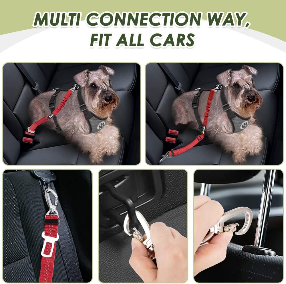 Dog Seatbelt, 2 Pack Adjustable Heavy Duty Dog Safety Seat Belt | Reflective, Durability, Easy of Use, with Elastic Bungee Buffer Metal Hardware, for Travel Riding in Vehicle Daily Use, Black