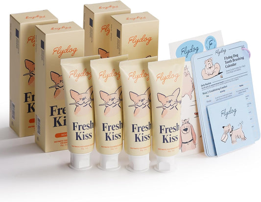 FlyDog Fresh Kiss Dog Tooth Brushing Kit - Vet Approved Formula, Enzymatic Dog Toothpaste and Brush - Breath Freshener & Tartar Remover, 360° Toothbrush & Finger Brush, Dental Guide, Mint Flavor