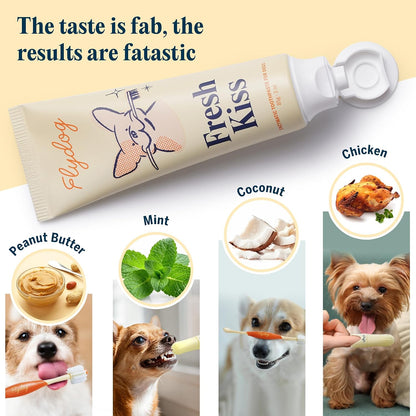 FlyDog Fresh Kiss Dog Tooth Brushing Kit - Vet Approved Formula, Enzymatic Dog Toothpaste and Brush - Breath Freshener & Tartar Remover, 360° Toothbrush & Finger Brush, Dental Guide, Mint Flavor