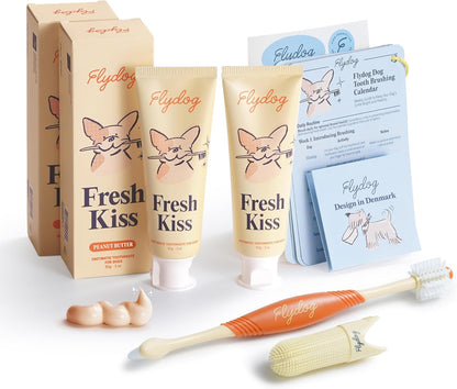 FlyDog Fresh Kiss Dog Tooth Brushing Kit - Vet Approved Formula, Enzymatic Dog Toothpaste and Brush - Breath Freshener & Tartar Remover, 360° Toothbrush & Finger Brush, Dental Guide, Mint Flavor